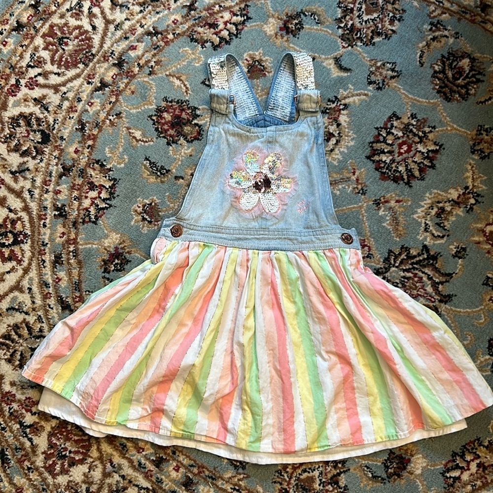 Betsey Johnson Girl’s Denim Overall Mini Dress with Tiered skirt size 6